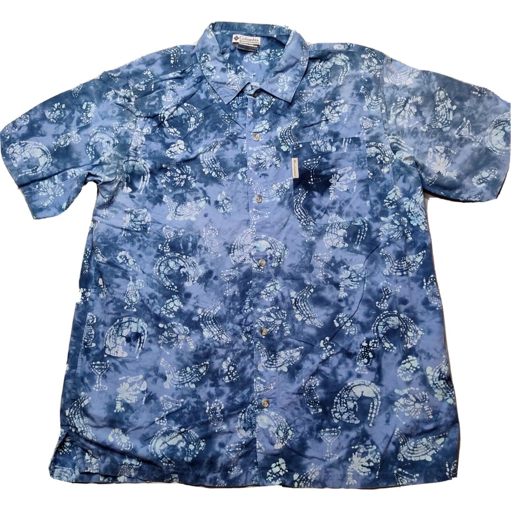 COLUMBIA Men Size XL Blue Dye COCKTAIL DRINKS & GATORS AOP Camp Shirt